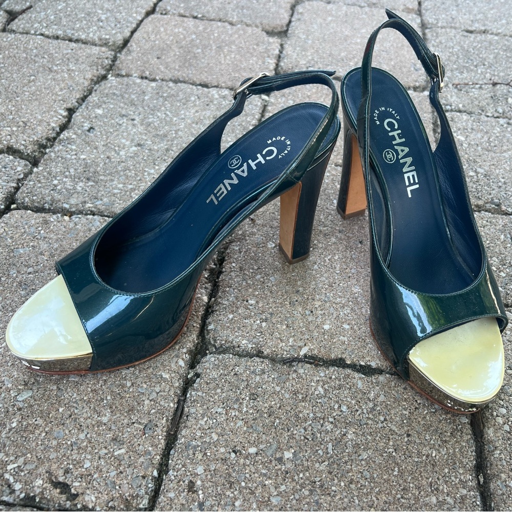 CHANEL Navy Slingback Platform Sandals